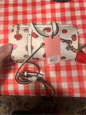 Juicy Couture White Strawberry-Print Mini Barrel Bag with Gold Hardware